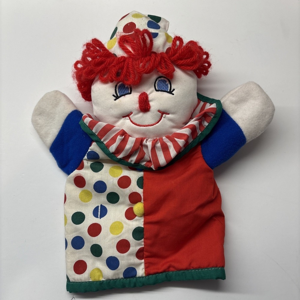 Vintage Clown Hand Puppet 1995 Kids II Inc Striped Ruffle Collar Red Yarn Hair